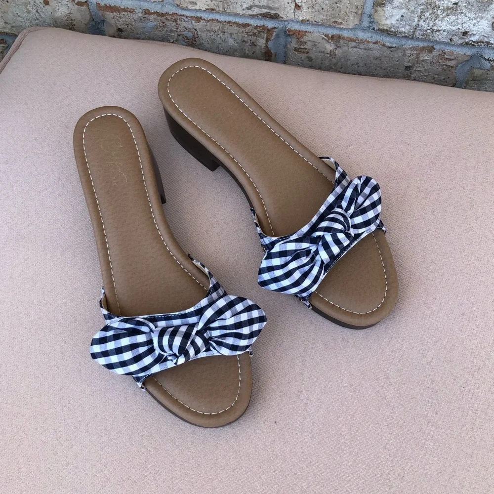 Comfort est 1946 Gingham Blue White Bow Versatile Slide Mule Clog Sandal 10